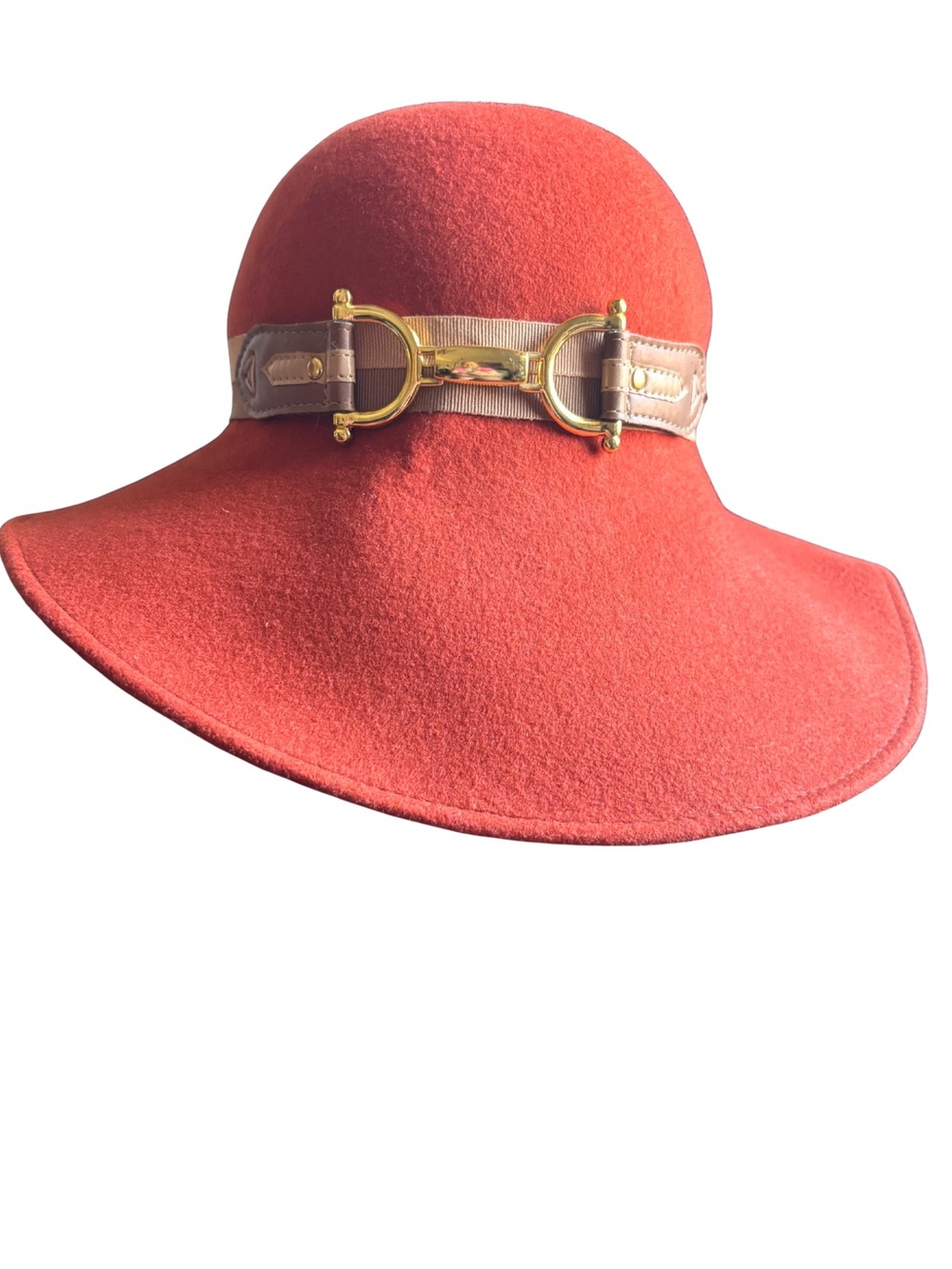 AQUA Coral Wide-Brim Felt Hat with Gold Buckle and Tan Band- made in Italy
